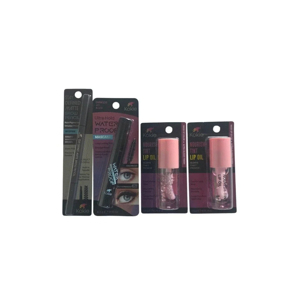Kokie Nourish Tint Lip Oil , Mascara &Mahogany BrownMatte Brow Pencil Glossy 4pk